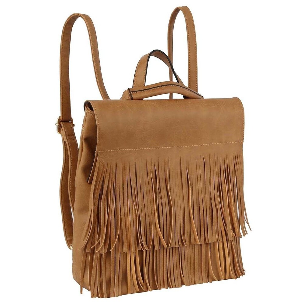 Women's Brown Western Fringe Convertible Backpack Messenger Bag Carry All Bag - Picture 2 of 7